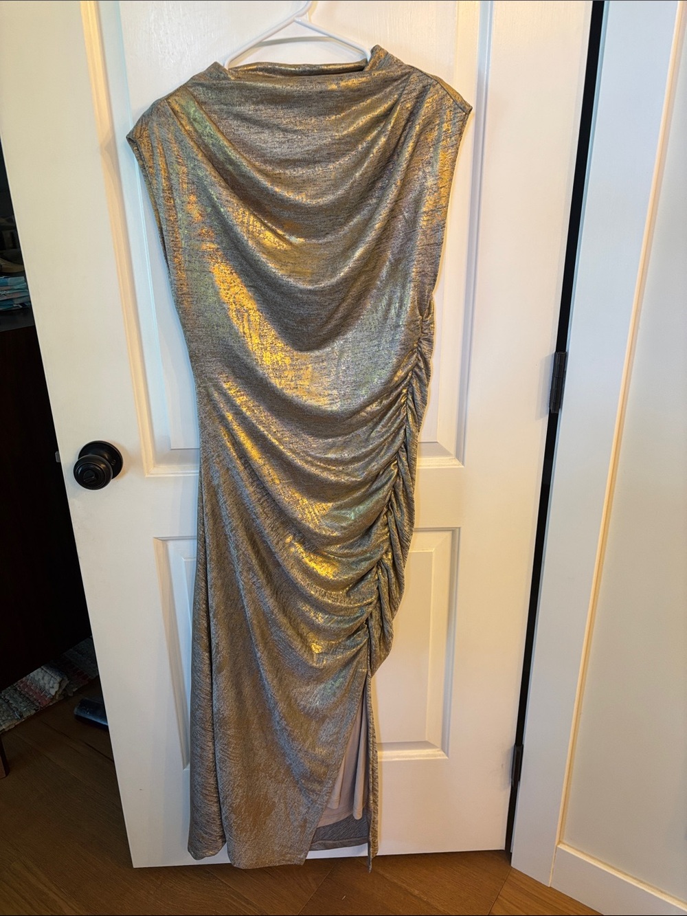 Anthropologie Metallic Gold Ruched Maxi Dress - Picture 2 of 9